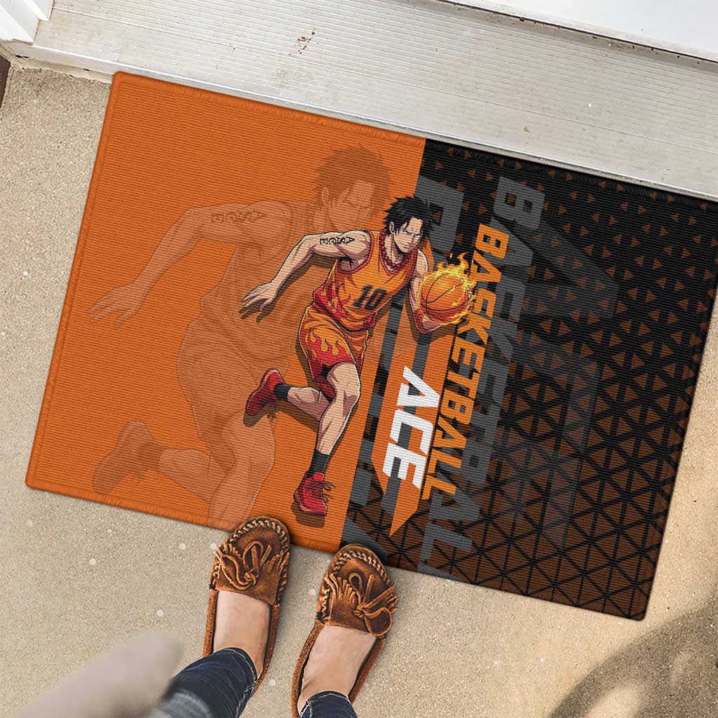 Portgas D Ace One Piece Basketball Theme Orange and Black Design Rubber Doormat with Flame Ball and Whitebeard Pirates Emblem - The Mazicc