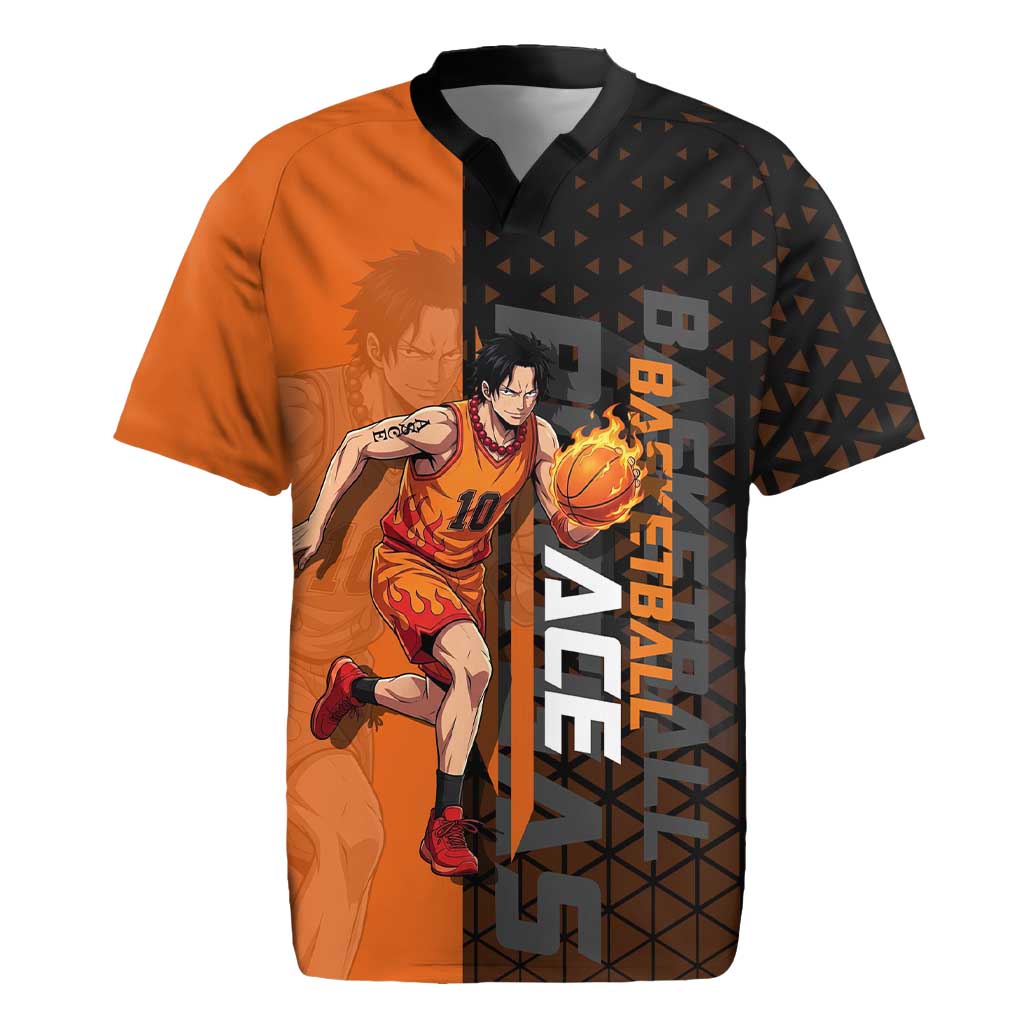 Portgas D Ace One Piece Basketball Theme Orange and Black Design Rugby Jersey with Flame Ball and Whitebeard Pirates Emblem - The Mazicc