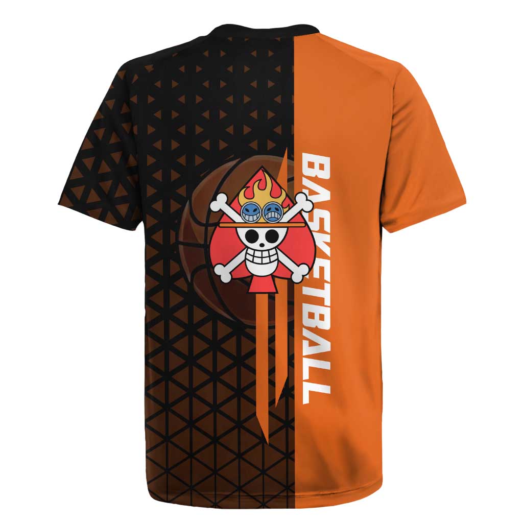 Portgas D Ace One Piece Basketball Theme Orange and Black Design Rugby Jersey with Flame Ball and Whitebeard Pirates Emblem - The Mazicc