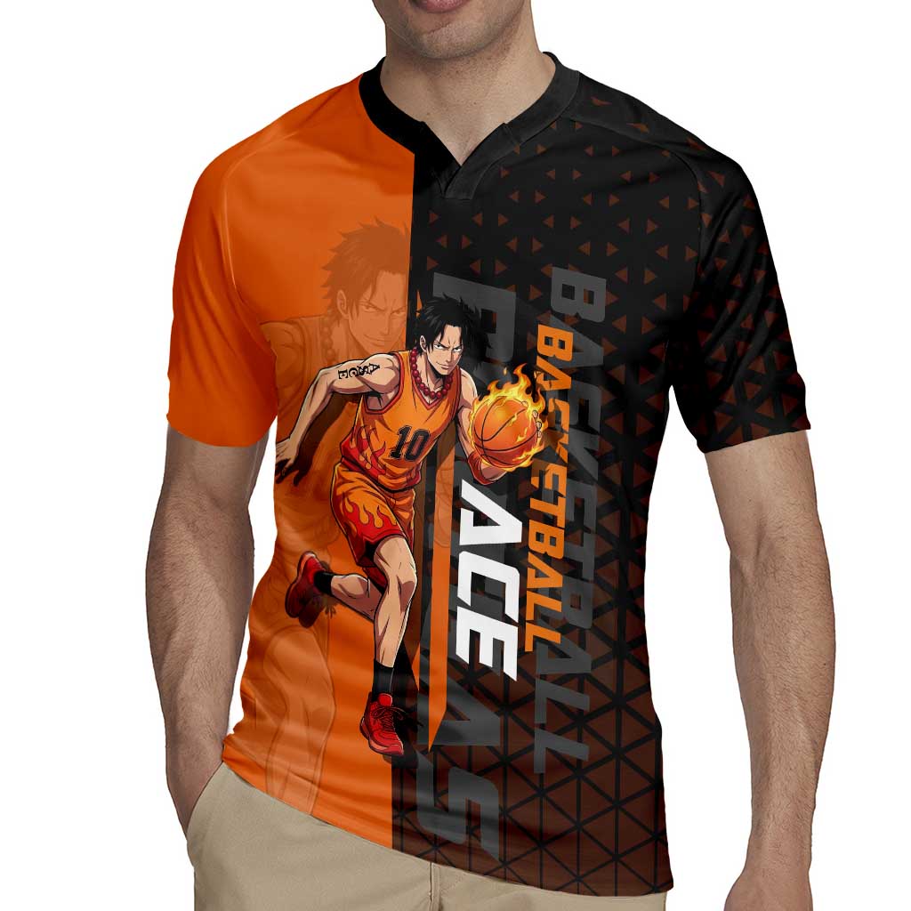 Portgas D Ace One Piece Basketball Theme Orange and Black Design Rugby Jersey with Flame Ball and Whitebeard Pirates Emblem - The Mazicc
