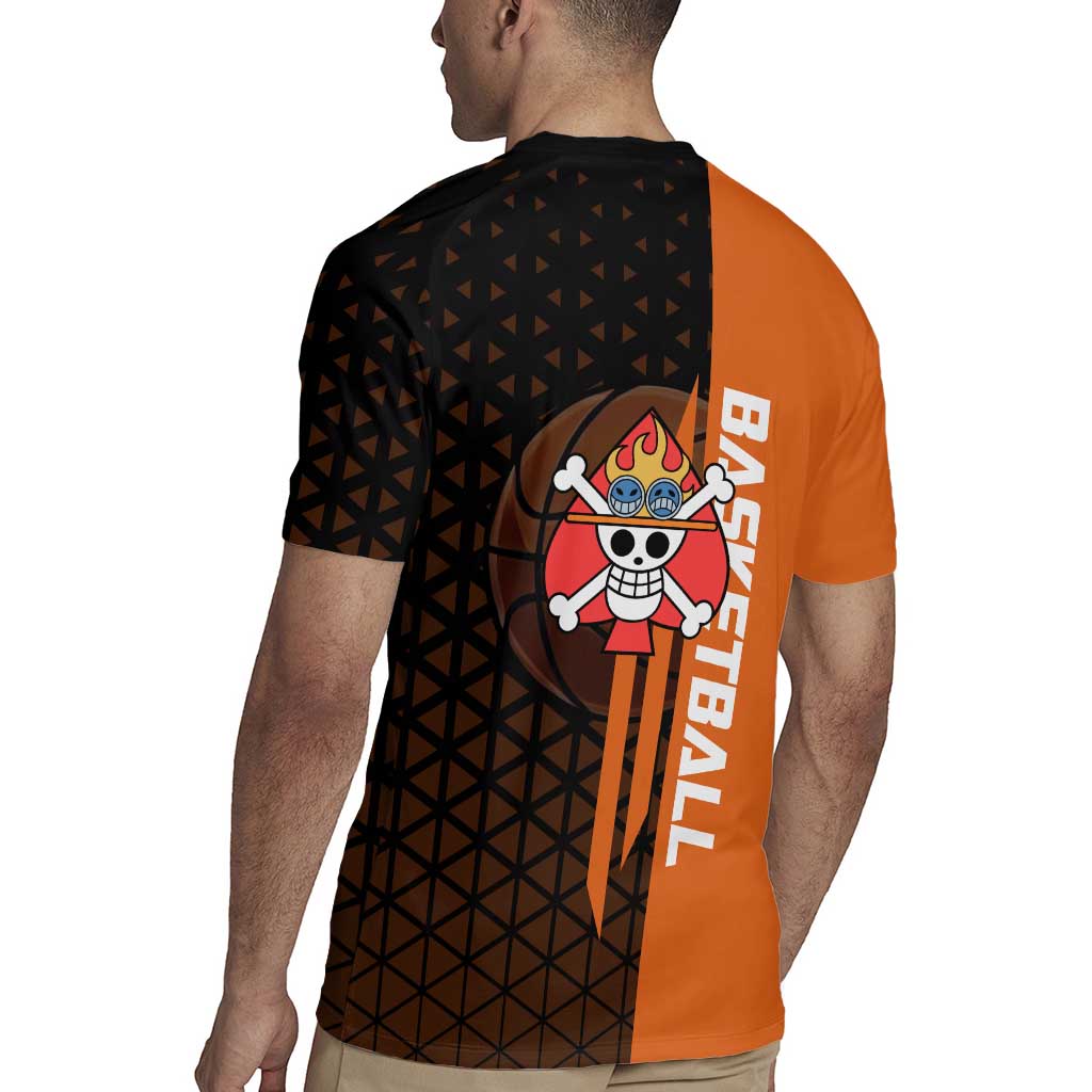 Portgas D Ace One Piece Basketball Theme Orange and Black Design Rugby Jersey with Flame Ball and Whitebeard Pirates Emblem - The Mazicc