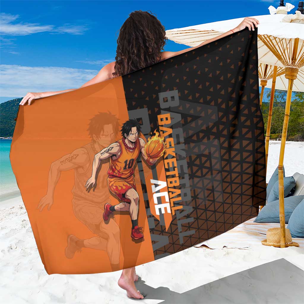 Portgas D Ace One Piece Basketball Theme Orange and Black Design Sarong with Flame Ball and Whitebeard Pirates Emblem - The Mazicc
