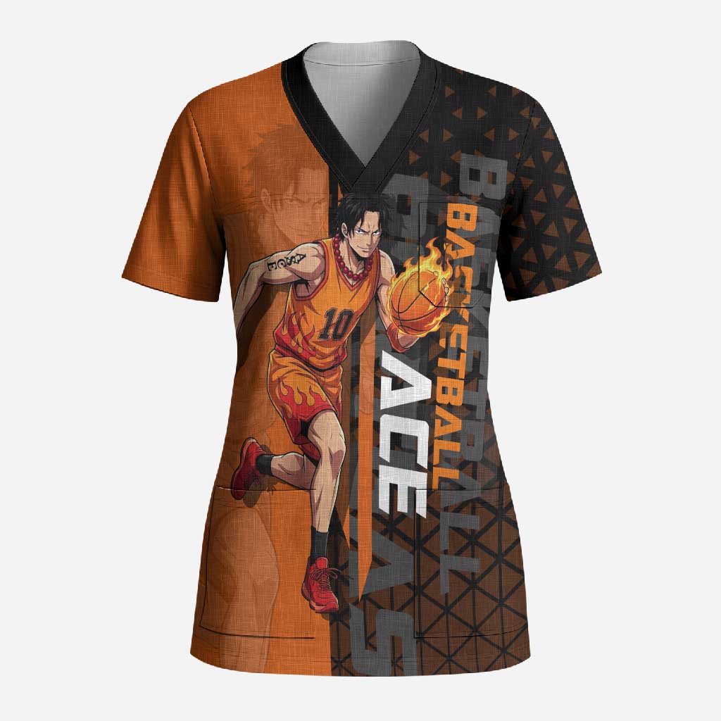 Portgas D Ace One Piece Basketball Theme Orange and Black Design Scrub Top with Flame Ball and Whitebeard Pirates Emblem - The Mazicc