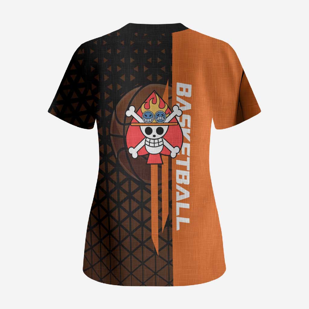 Portgas D Ace One Piece Basketball Theme Orange and Black Design Scrub Top with Flame Ball and Whitebeard Pirates Emblem - The Mazicc
