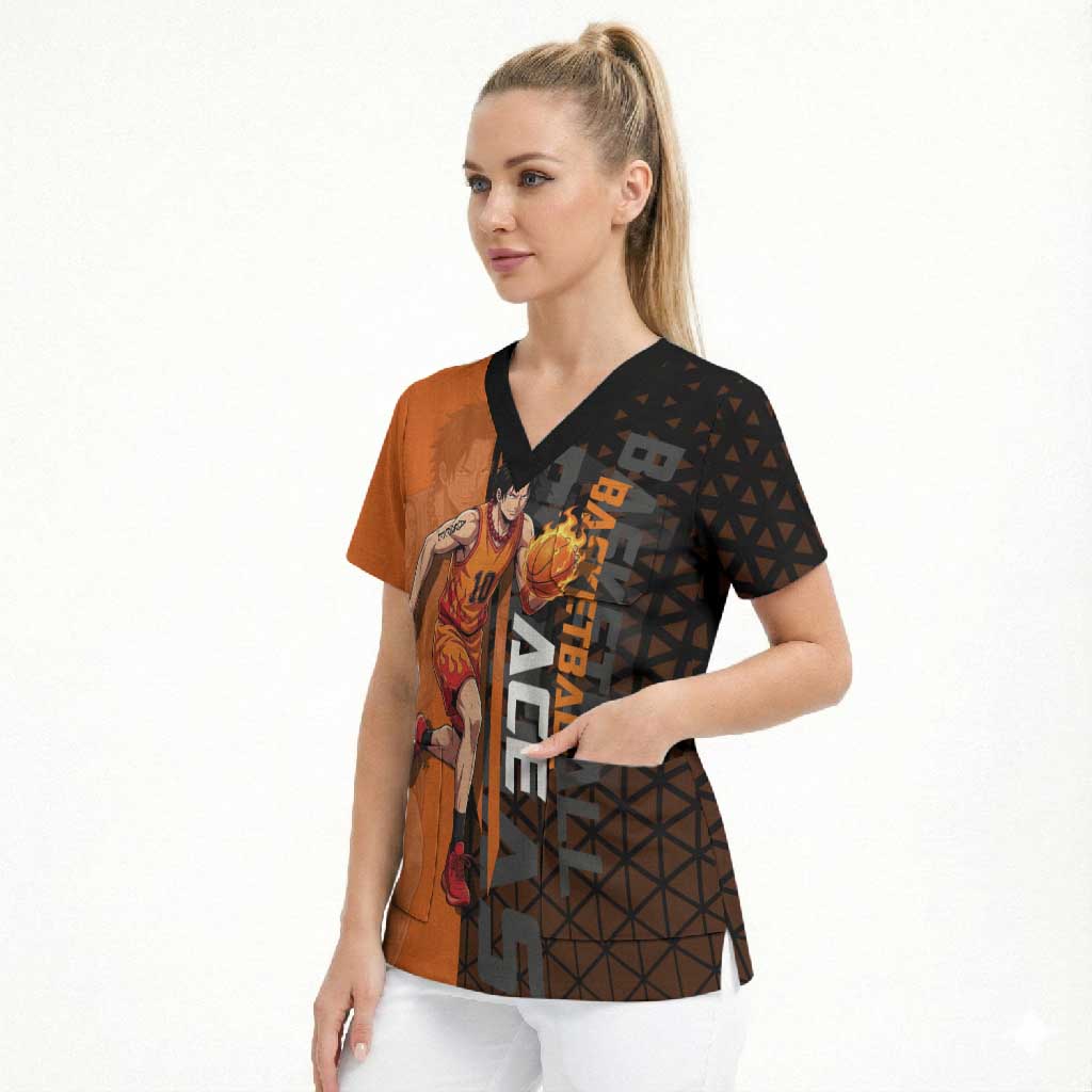 Portgas D Ace One Piece Basketball Theme Orange and Black Design Scrub Top with Flame Ball and Whitebeard Pirates Emblem - The Mazicc