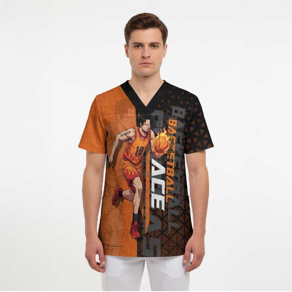 Portgas D Ace One Piece Basketball Theme Orange and Black Design Scrub Top with Flame Ball and Whitebeard Pirates Emblem - The Mazicc