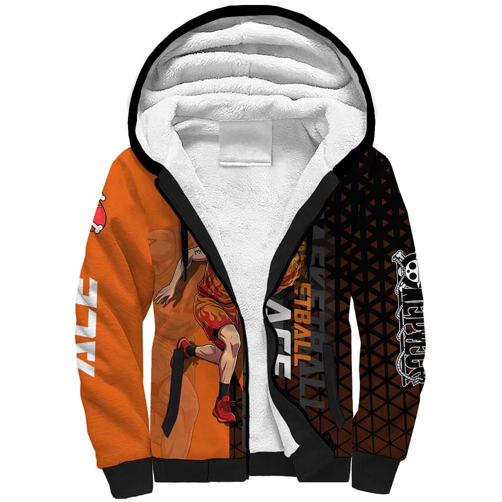 Portgas D Ace One Piece Basketball Theme Orange and Black Design Sherpa Hoodie with Flame Ball and Whitebeard Pirates Emblem - The Mazicc
