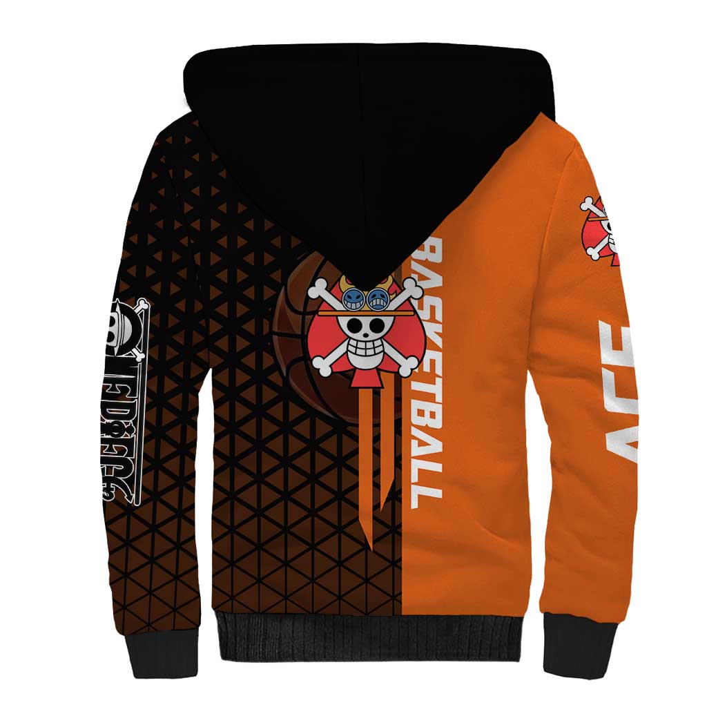 Portgas D Ace One Piece Basketball Theme Orange and Black Design Sherpa Hoodie with Flame Ball and Whitebeard Pirates Emblem - The Mazicc