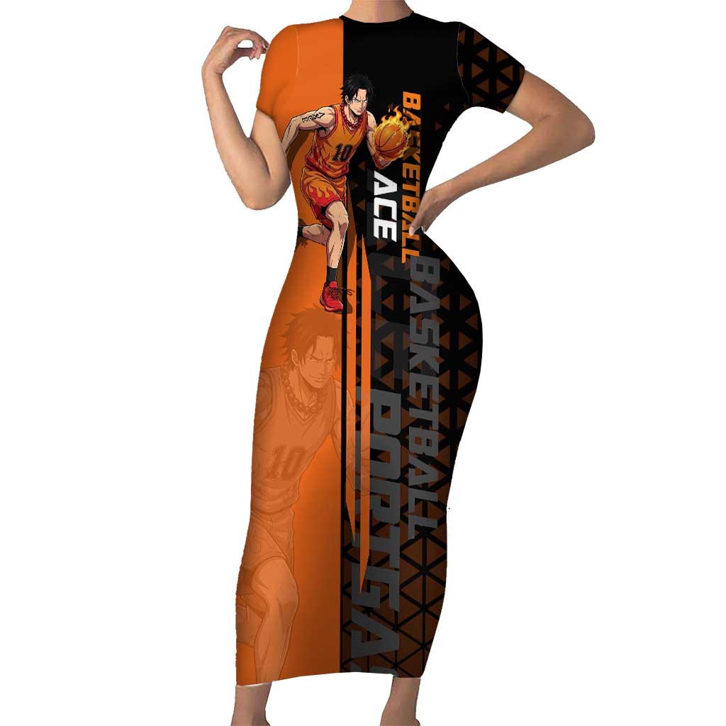 Portgas D Ace One Piece Basketball Theme Orange and Black Design Short Sleeve Bodycon Dress with Flame Ball and Whitebeard Pirates Emblem - The Mazicc