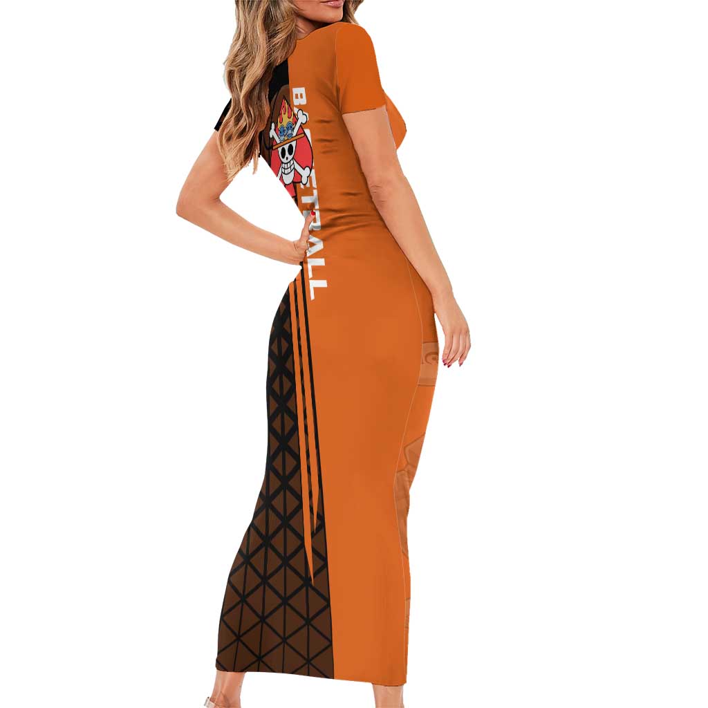 Portgas D Ace One Piece Basketball Theme Orange and Black Design Short Sleeve Bodycon Dress with Flame Ball and Whitebeard Pirates Emblem - The Mazicc