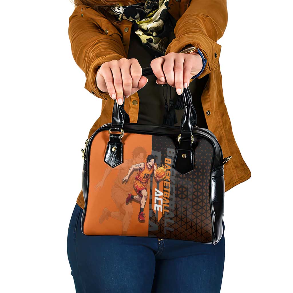 Portgas D Ace One Piece Basketball Theme Orange and Black Design Shoulder Handbag with Flame Ball and Whitebeard Pirates Emblem - The Mazicc