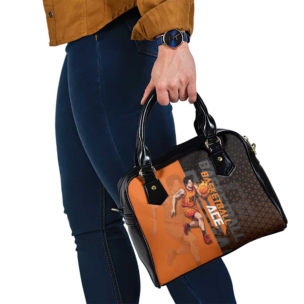 Portgas D Ace One Piece Basketball Theme Orange and Black Design Shoulder Handbag with Flame Ball and Whitebeard Pirates Emblem - The Mazicc
