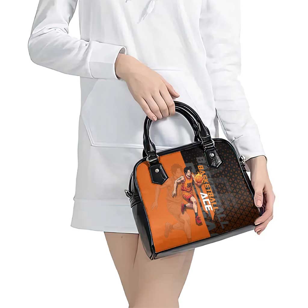 Portgas D Ace One Piece Basketball Theme Orange and Black Design Shoulder Handbag with Flame Ball and Whitebeard Pirates Emblem - The Mazicc