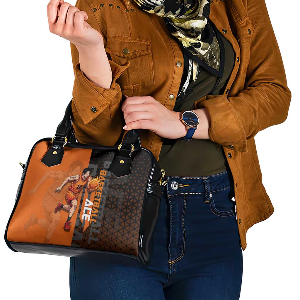 Portgas D Ace One Piece Basketball Theme Orange and Black Design Shoulder Handbag with Flame Ball and Whitebeard Pirates Emblem - The Mazicc