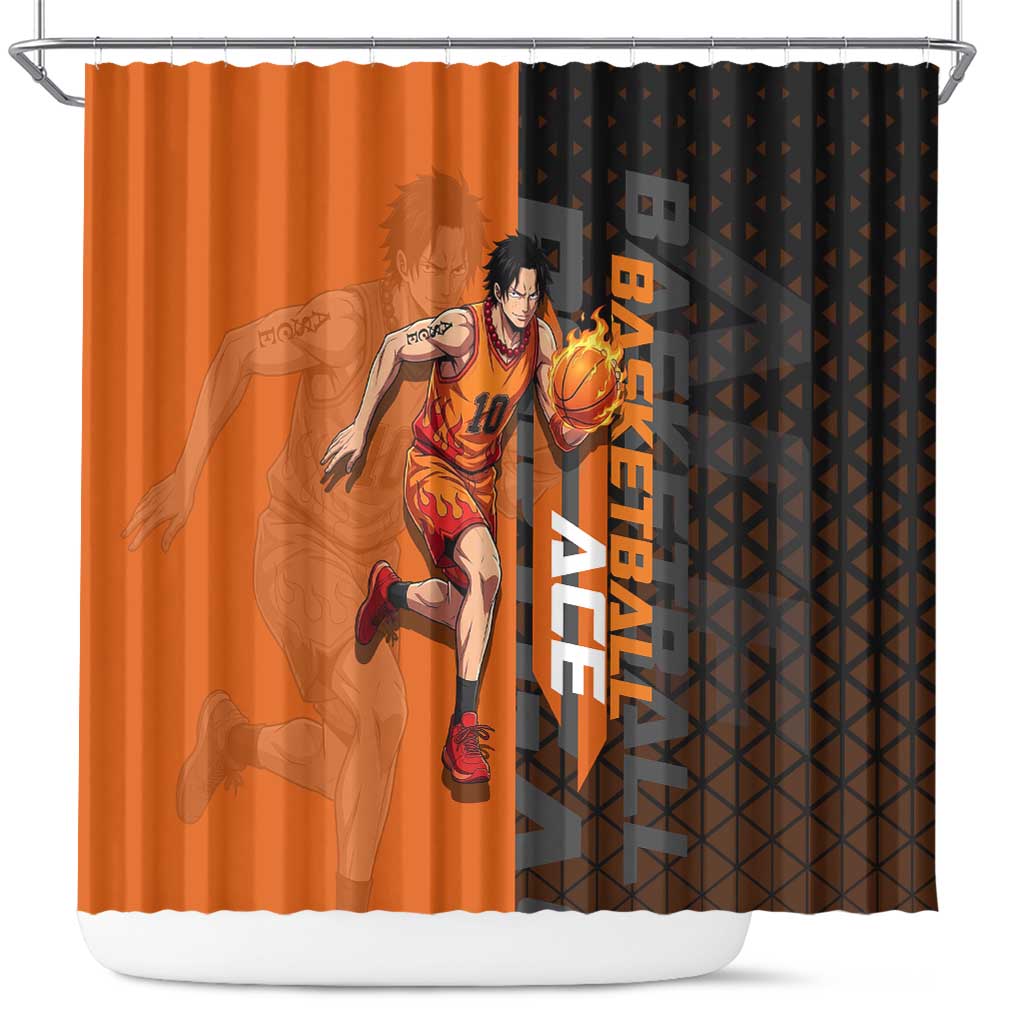 Portgas D Ace One Piece Basketball Theme Orange and Black Design Shower Curtain with Flame Ball and Whitebeard Pirates Emblem - The Mazicc