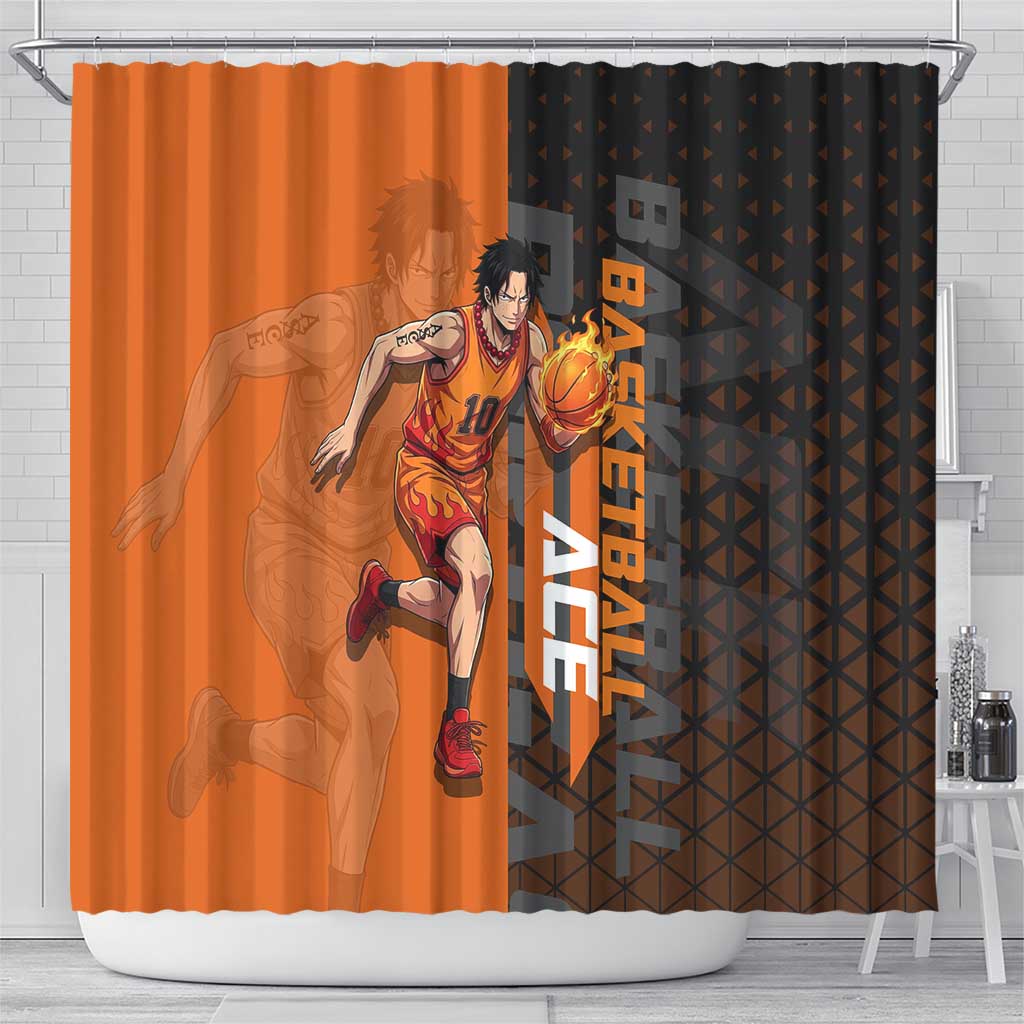 Portgas D Ace One Piece Basketball Theme Orange and Black Design Shower Curtain with Flame Ball and Whitebeard Pirates Emblem - The Mazicc