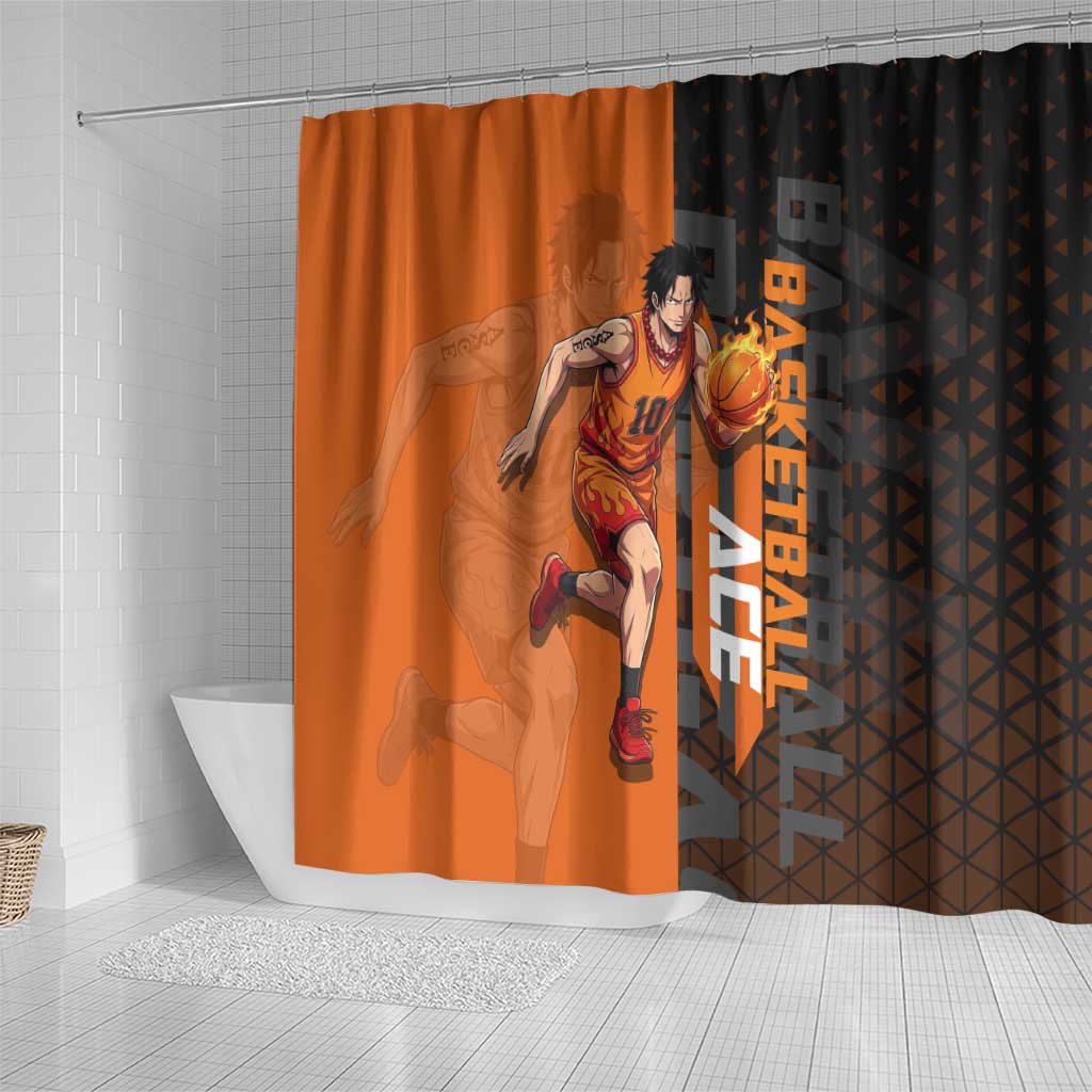 Portgas D Ace One Piece Basketball Theme Orange and Black Design Shower Curtain with Flame Ball and Whitebeard Pirates Emblem - The Mazicc