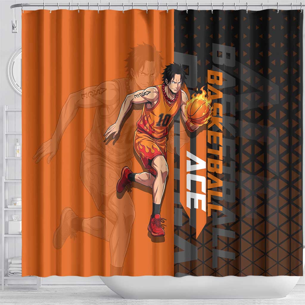 Portgas D Ace One Piece Basketball Theme Orange and Black Design Shower Curtain with Flame Ball and Whitebeard Pirates Emblem - The Mazicc