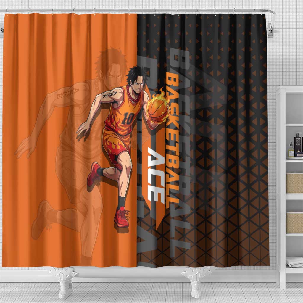 Portgas D Ace One Piece Basketball Theme Orange and Black Design Shower Curtain with Flame Ball and Whitebeard Pirates Emblem - The Mazicc