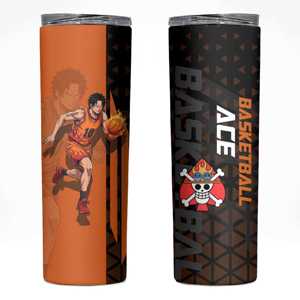 Portgas D Ace One Piece Basketball Theme Orange and Black Design Skinny Tumbler with Flame Ball and Whitebeard Pirates Emblem - The Mazicc