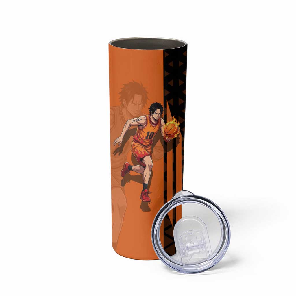 Portgas D Ace One Piece Basketball Theme Orange and Black Design Skinny Tumbler with Flame Ball and Whitebeard Pirates Emblem - The Mazicc