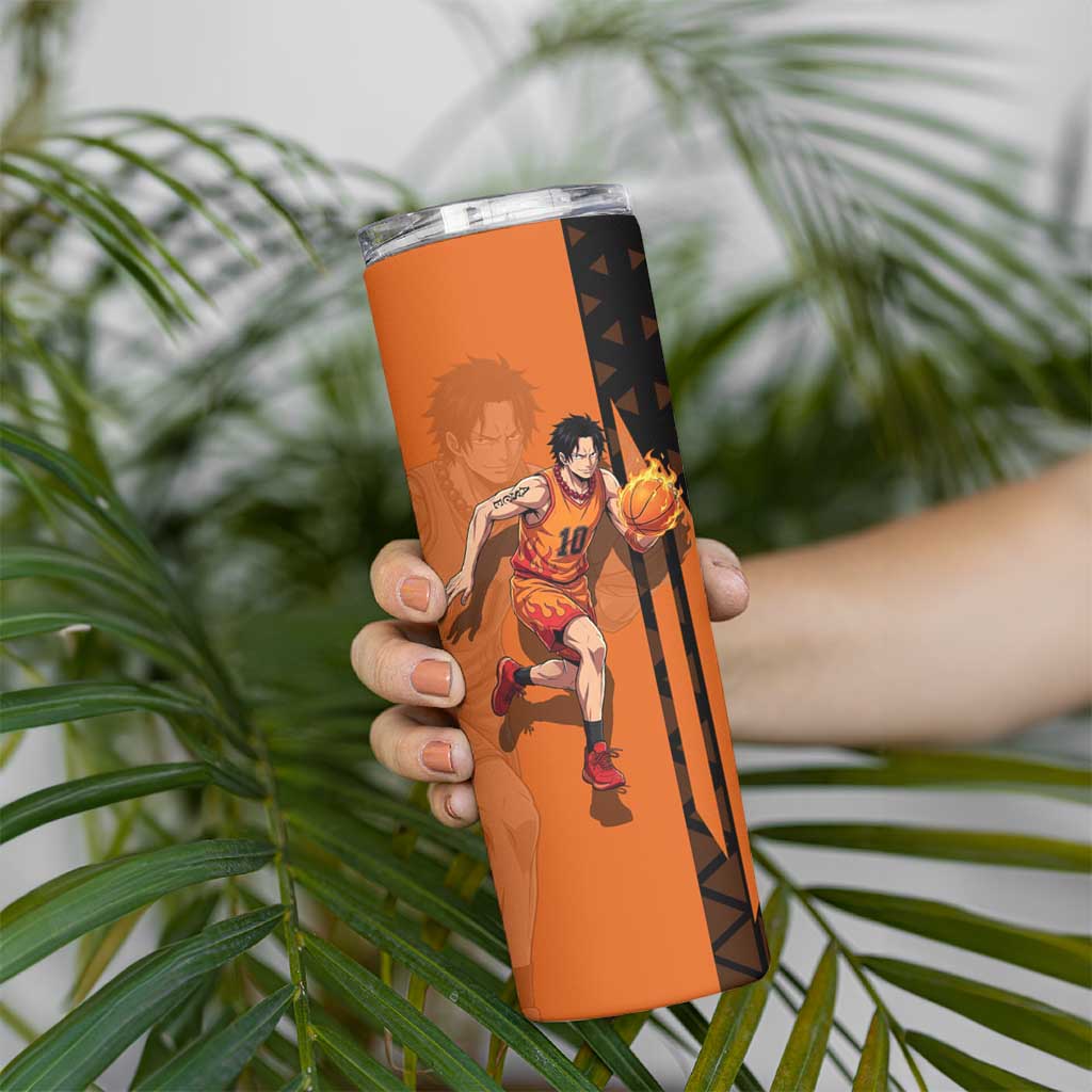 Portgas D Ace One Piece Basketball Theme Orange and Black Design Skinny Tumbler with Flame Ball and Whitebeard Pirates Emblem - The Mazicc