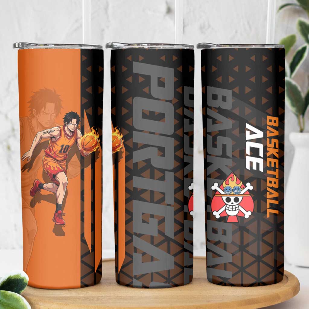 Portgas D Ace One Piece Basketball Theme Orange and Black Design Skinny Tumbler with Flame Ball and Whitebeard Pirates Emblem - The Mazicc