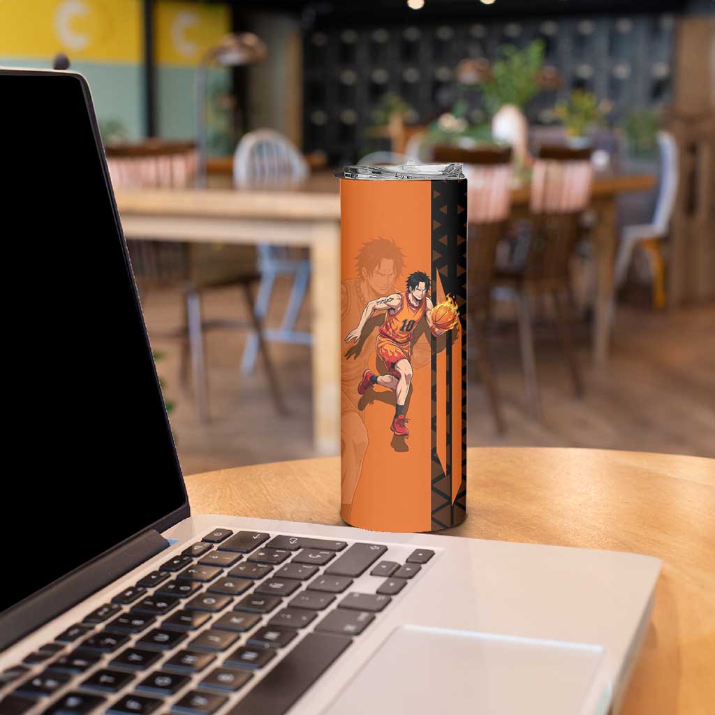 Portgas D Ace One Piece Basketball Theme Orange and Black Design Skinny Tumbler with Flame Ball and Whitebeard Pirates Emblem - The Mazicc