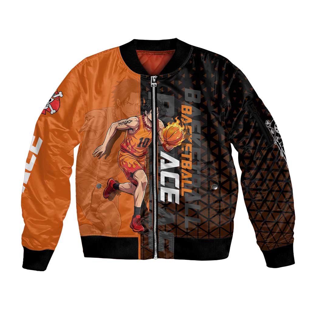 Portgas D Ace One Piece Basketball Theme Orange and Black Design Sleeve Zip Bomber Jacket with Flame Ball and Whitebeard Pirates Emblem - The Mazicc