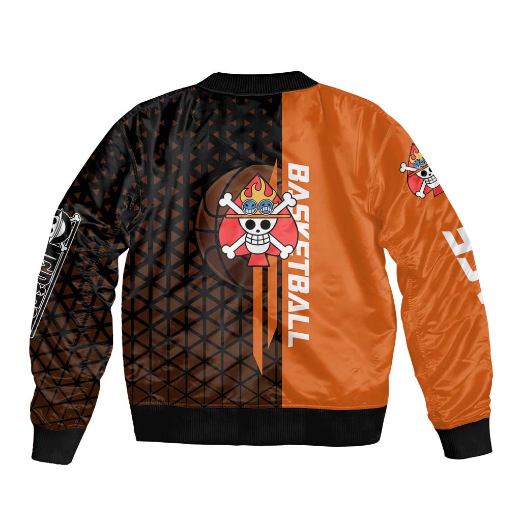 Portgas D Ace One Piece Basketball Theme Orange and Black Design Sleeve Zip Bomber Jacket with Flame Ball and Whitebeard Pirates Emblem - The Mazicc