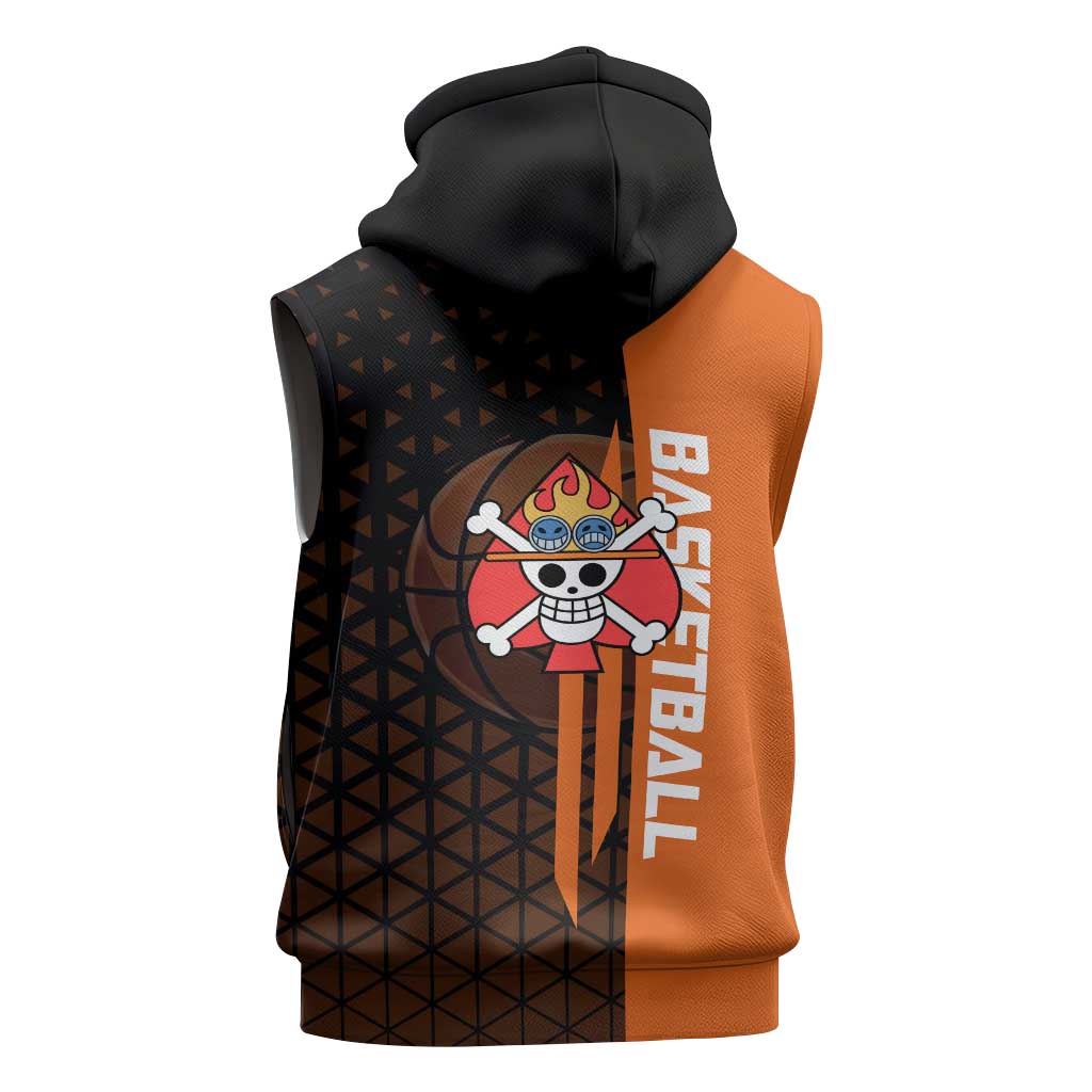 Portgas D Ace One Piece Basketball Theme Orange and Black Design Sleeveless Hoodie with Flame Ball and Whitebeard Pirates Emblem - The Mazicc