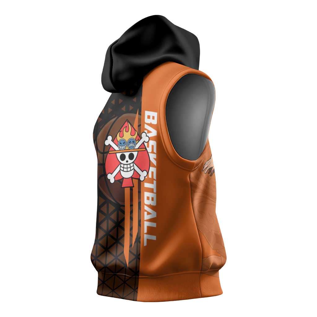 Portgas D Ace One Piece Basketball Theme Orange and Black Design Sleeveless Hoodie with Flame Ball and Whitebeard Pirates Emblem - The Mazicc
