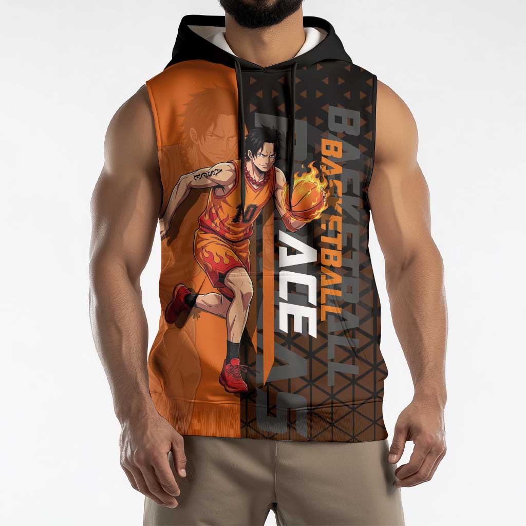 Portgas D Ace One Piece Basketball Theme Orange and Black Design Sleeveless Hoodie with Flame Ball and Whitebeard Pirates Emblem - The Mazicc
