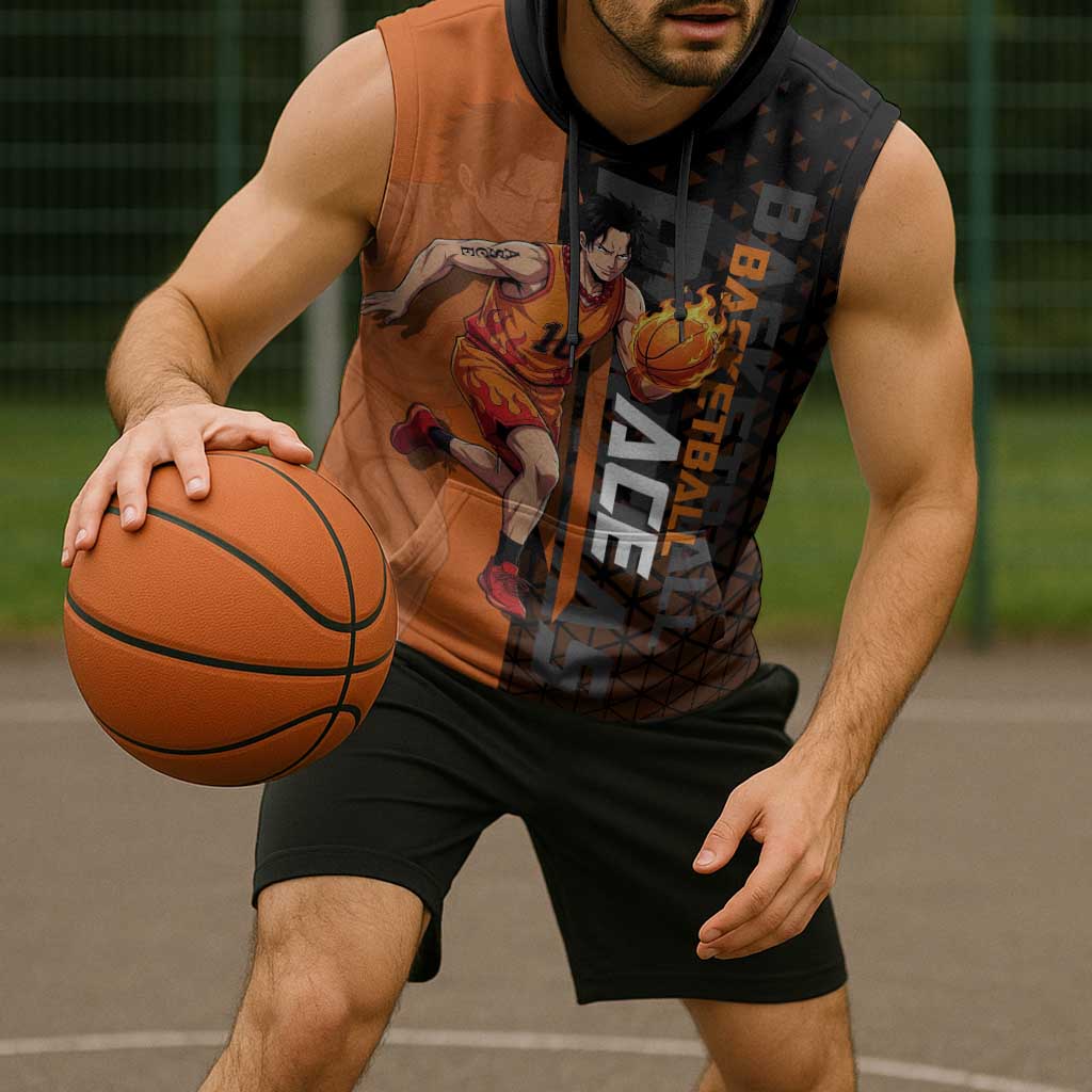 Portgas D Ace One Piece Basketball Theme Orange and Black Design Sleeveless Hoodie with Flame Ball and Whitebeard Pirates Emblem - The Mazicc