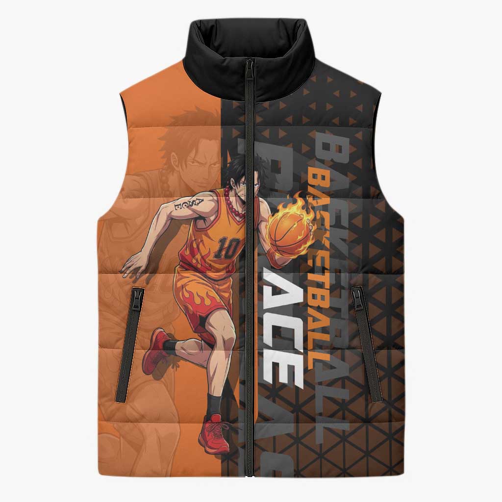 Portgas D Ace One Piece Basketball Theme Orange and Black Design Sleeveless Puffer Jacket with Flame Ball and Whitebeard Pirates Emblem - The Mazicc