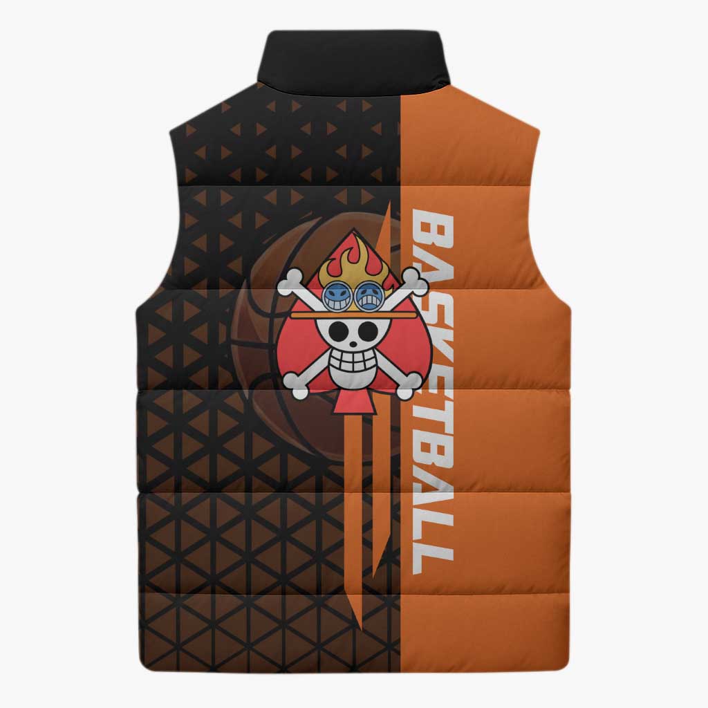 Portgas D Ace One Piece Basketball Theme Orange and Black Design Sleeveless Puffer Jacket with Flame Ball and Whitebeard Pirates Emblem - The Mazicc