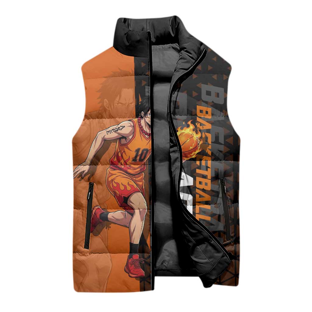 Portgas D Ace One Piece Basketball Theme Orange and Black Design Sleeveless Puffer Jacket with Flame Ball and Whitebeard Pirates Emblem - The Mazicc