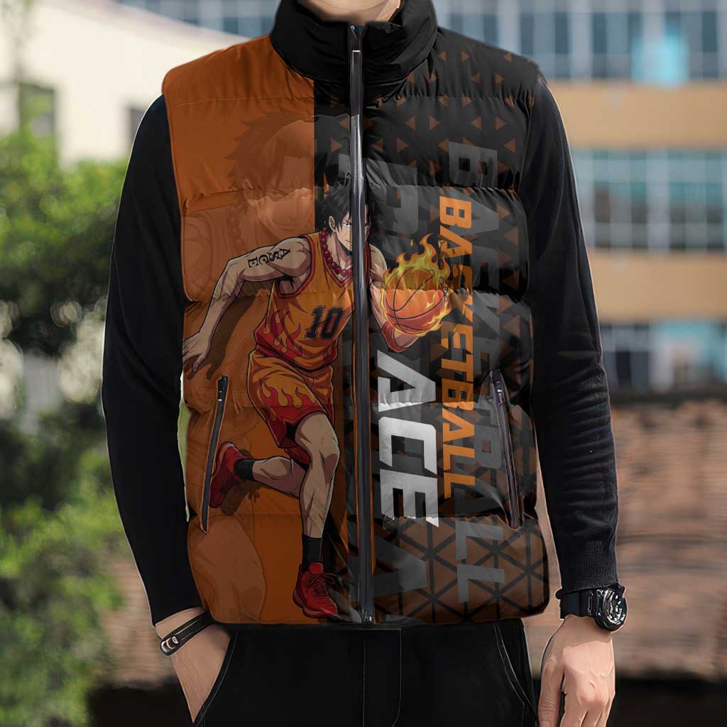Portgas D Ace One Piece Basketball Theme Orange and Black Design Sleeveless Puffer Jacket with Flame Ball and Whitebeard Pirates Emblem - The Mazicc