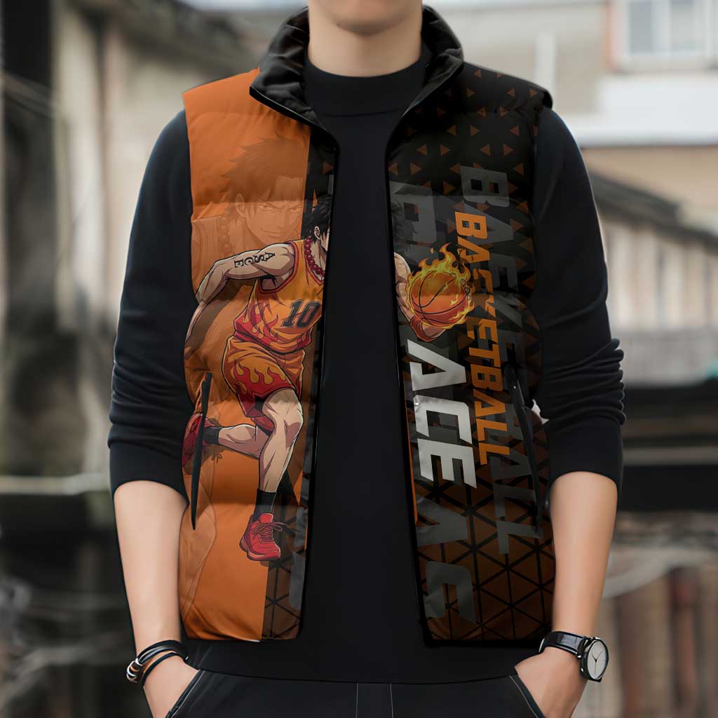 Portgas D Ace One Piece Basketball Theme Orange and Black Design Sleeveless Puffer Jacket with Flame Ball and Whitebeard Pirates Emblem - The Mazicc