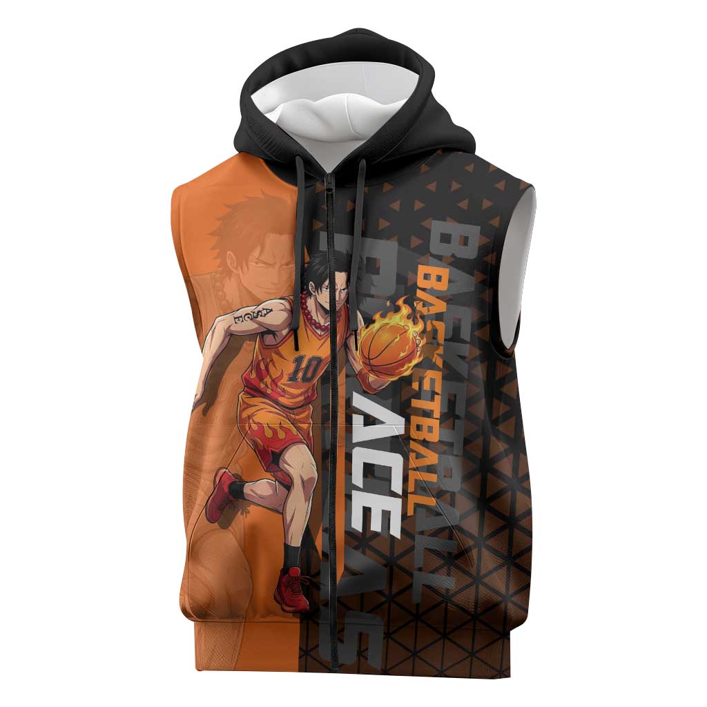 Portgas D Ace One Piece Basketball Theme Orange and Black Design Sleeveless Zip Hoodie with Flame Ball and Whitebeard Pirates Emblem - The Mazicc
