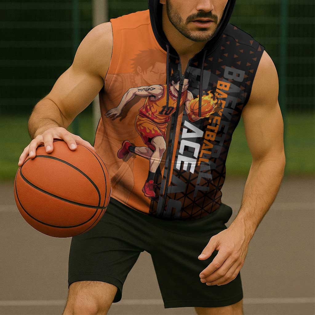 Portgas D Ace One Piece Basketball Theme Orange and Black Design Sleeveless Zip Hoodie with Flame Ball and Whitebeard Pirates Emblem - The Mazicc