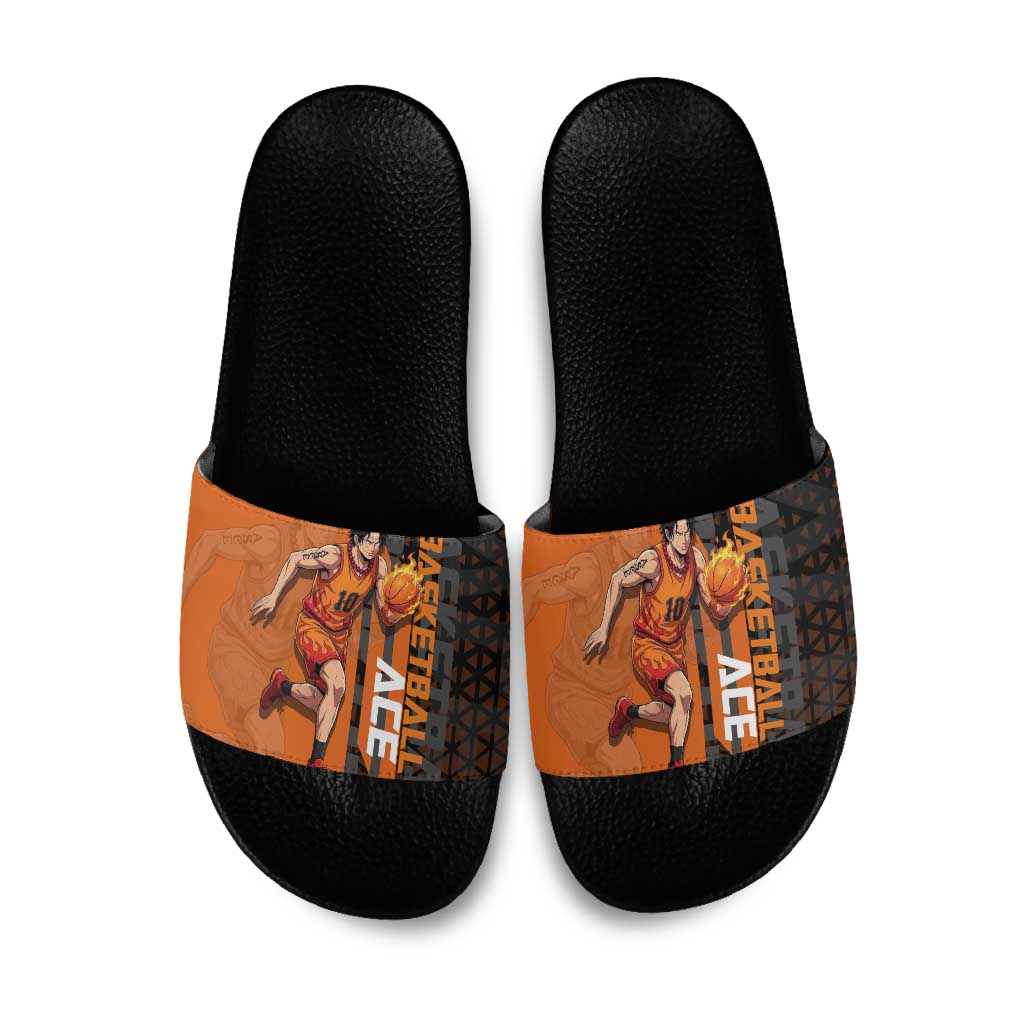 Portgas D Ace One Piece Basketball Theme Orange and Black Design Slide Sandals with Flame Ball and Whitebeard Pirates Emblem - The Mazicc
