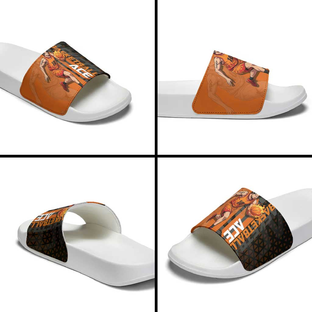 Portgas D Ace One Piece Basketball Theme Orange and Black Design Slide Sandals with Flame Ball and Whitebeard Pirates Emblem - The Mazicc