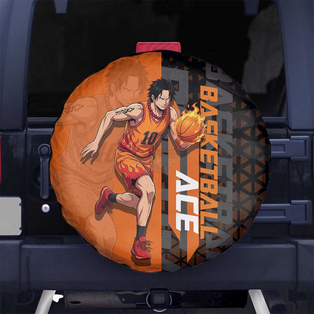 Portgas D Ace One Piece Basketball Theme Orange and Black Design Spare Tire Cover with Flame Ball and Whitebeard Pirates Emblem - The Mazicc