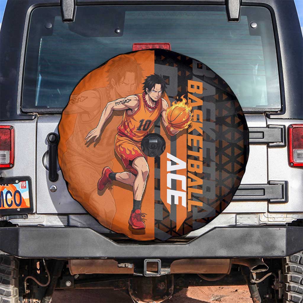 Portgas D Ace One Piece Basketball Theme Orange and Black Design Spare Tire Cover with Flame Ball and Whitebeard Pirates Emblem - The Mazicc