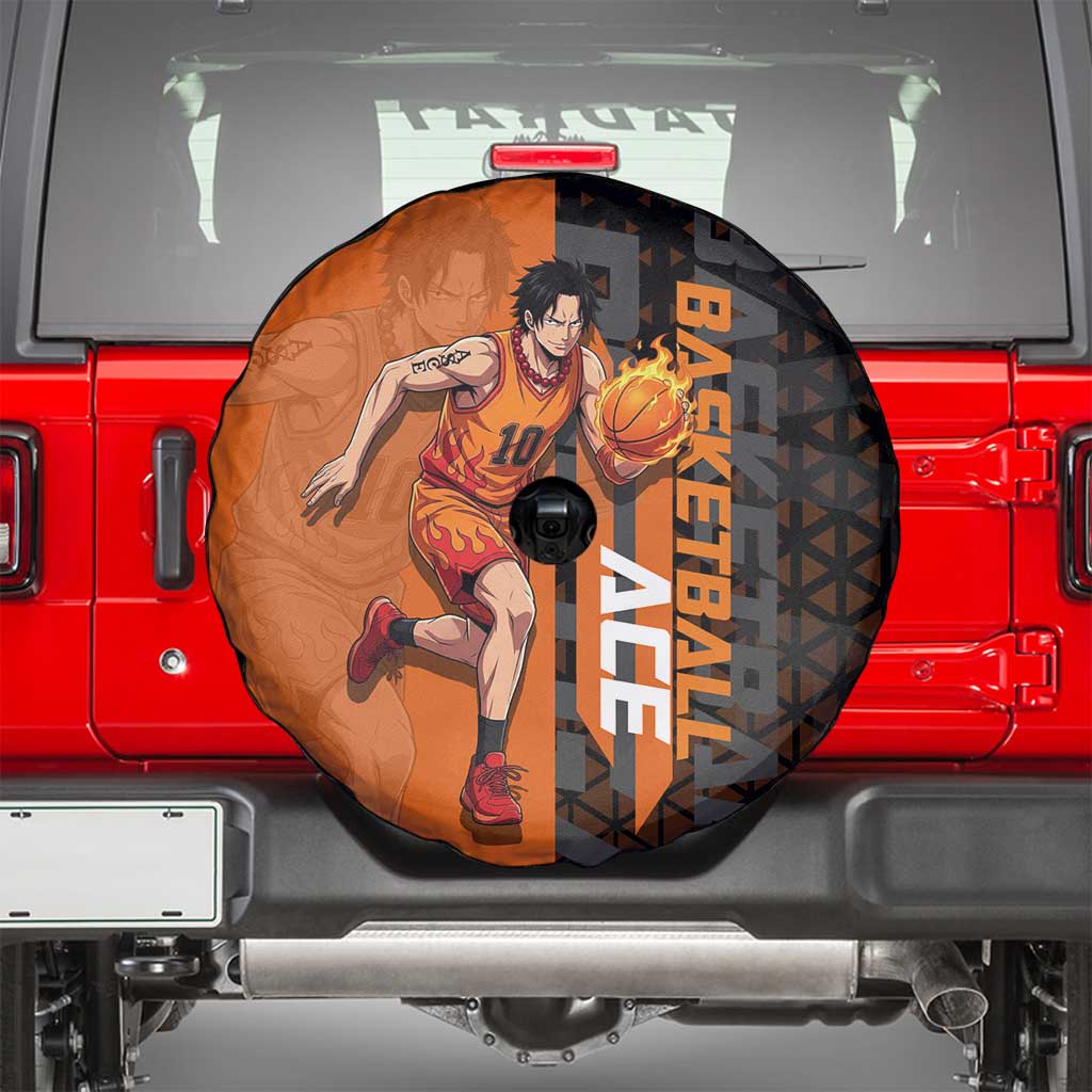 Portgas D Ace One Piece Basketball Theme Orange and Black Design Spare Tire Cover with Flame Ball and Whitebeard Pirates Emblem - The Mazicc