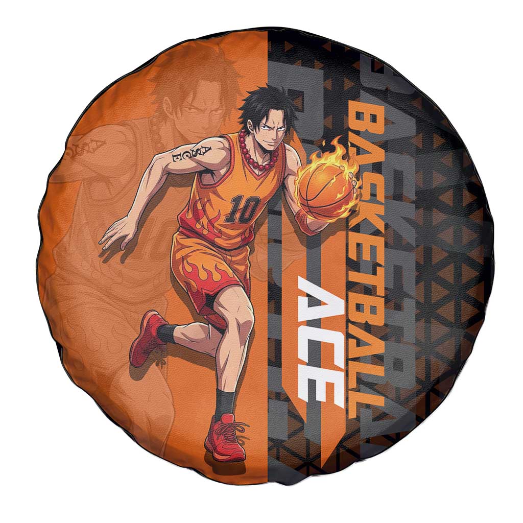 Portgas D Ace One Piece Basketball Theme Orange and Black Design Spare Tire Cover with Flame Ball and Whitebeard Pirates Emblem - The Mazicc