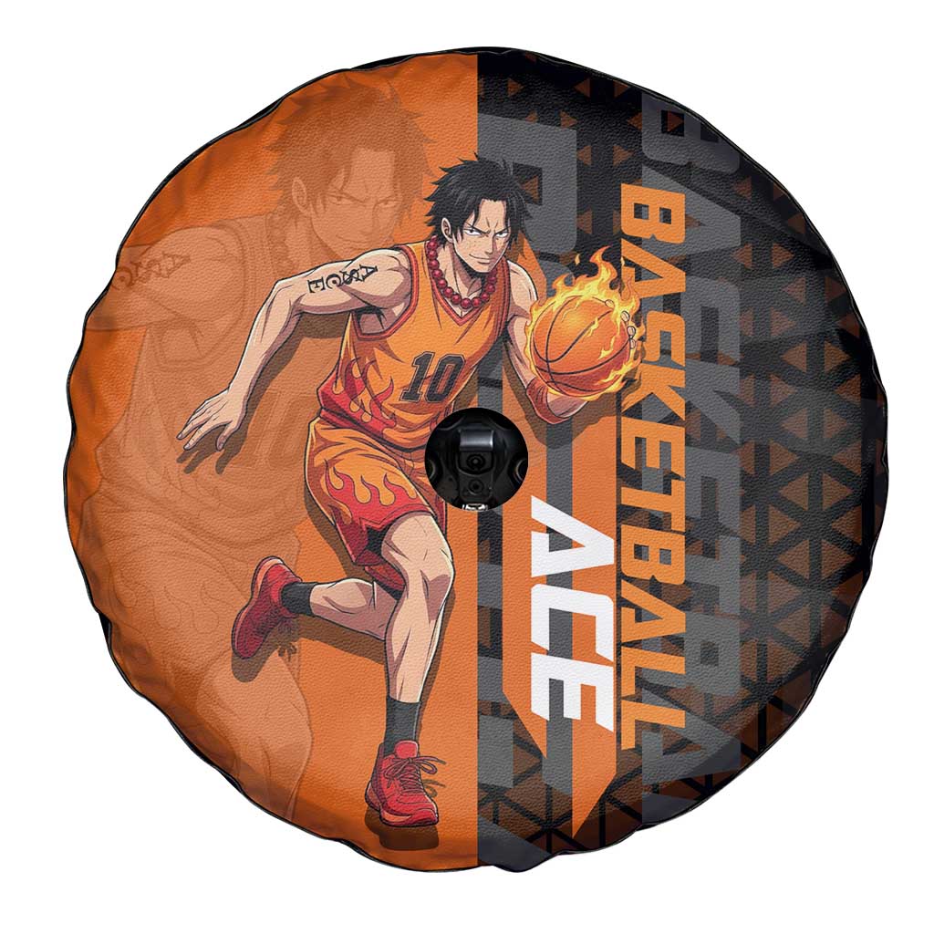 Portgas D Ace One Piece Basketball Theme Orange and Black Design Spare Tire Cover with Flame Ball and Whitebeard Pirates Emblem - The Mazicc