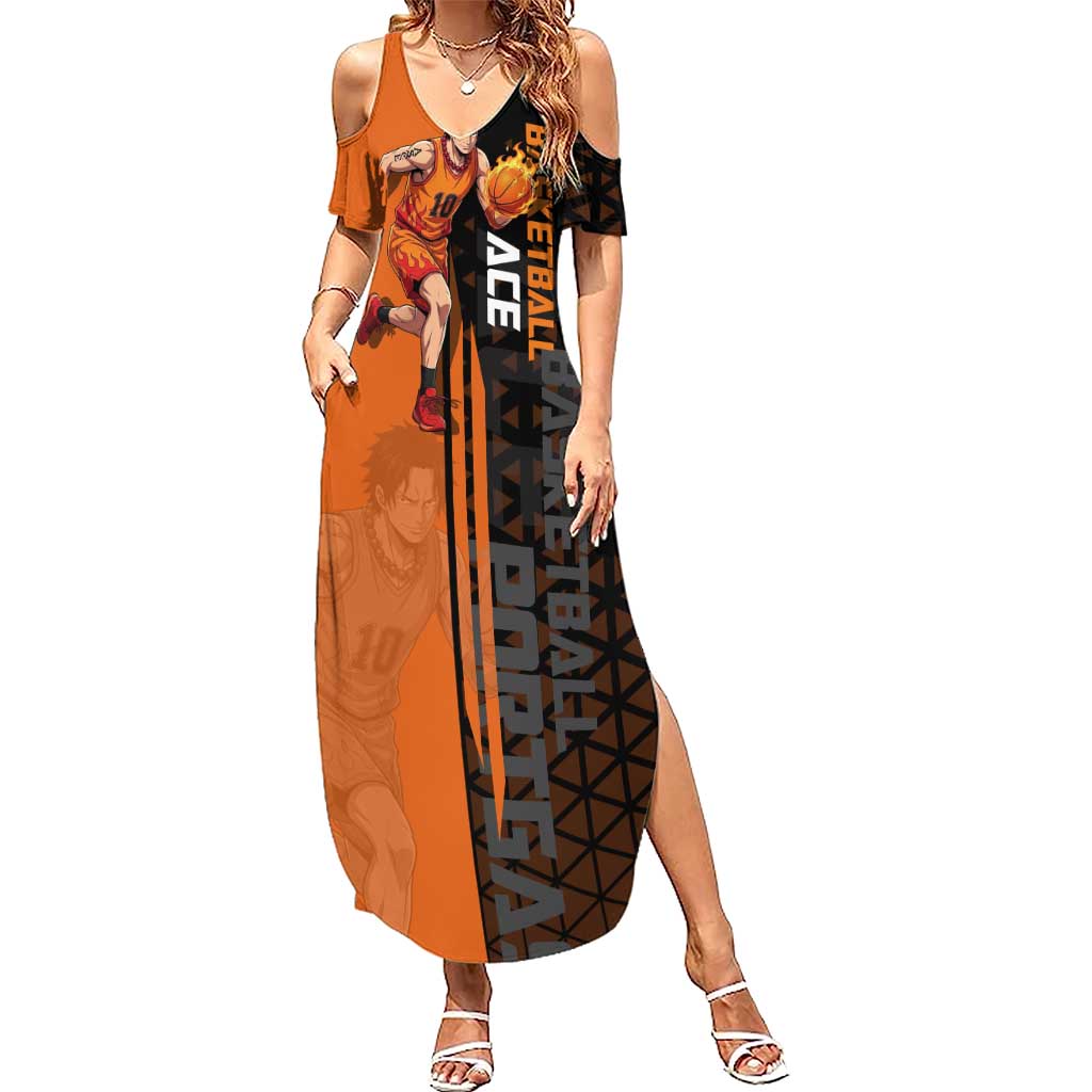 Portgas D Ace One Piece Basketball Theme Orange and Black Design Summer Maxi Dress with Flame Ball and Whitebeard Pirates Emblem - The Mazicc
