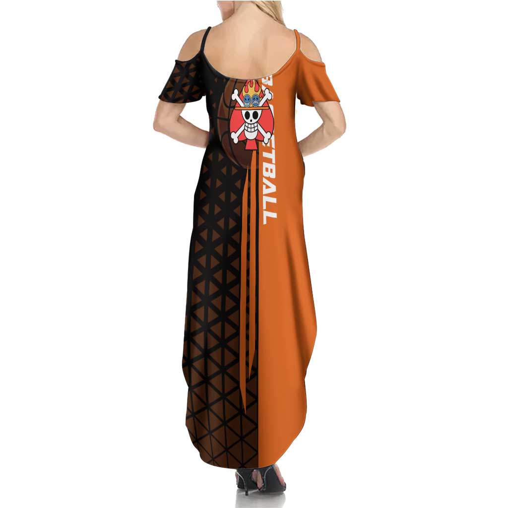 Portgas D Ace One Piece Basketball Theme Orange and Black Design Summer Maxi Dress with Flame Ball and Whitebeard Pirates Emblem - The Mazicc
